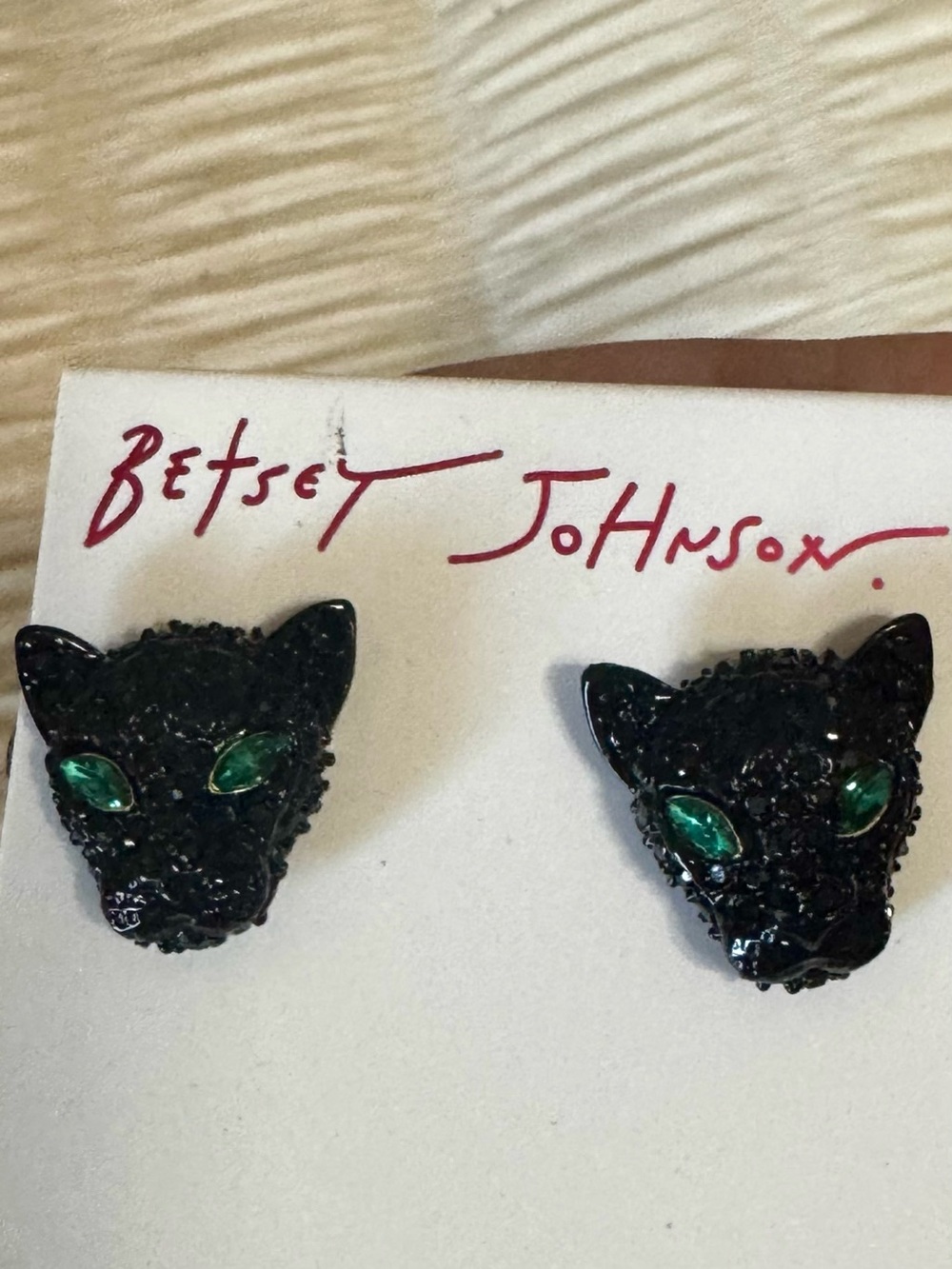 Betsey Johnson Black Panther Cat Head Stud Earrings with Green Eyes